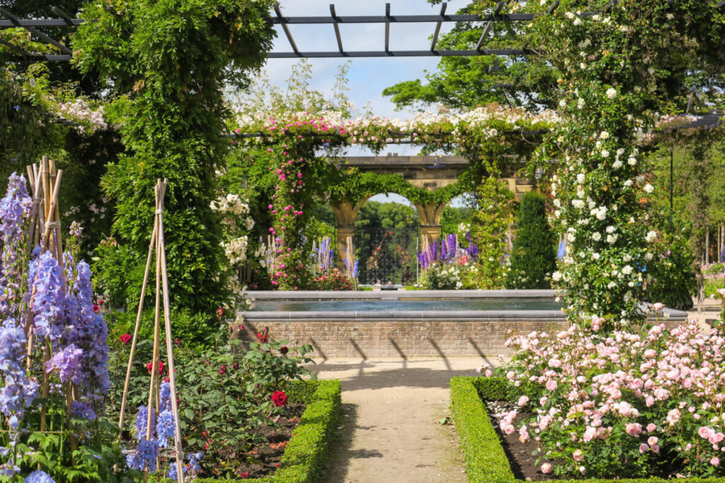 olourful flower gardens and climbing roses at The Alnwick Garden in Northumberland