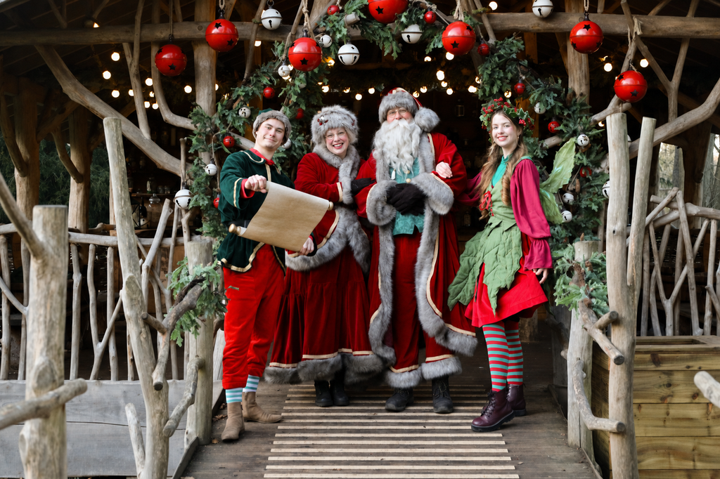 Four people in Christmas costumes pose on a wooden walkway inside a rustic, festive booth with garlands, lights, and red/white ornaments overhead.