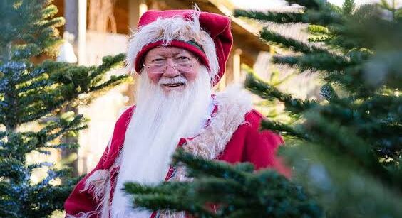Smiling Santa Claus in a red suit with white fur, standing among Christmas trees outdoors.